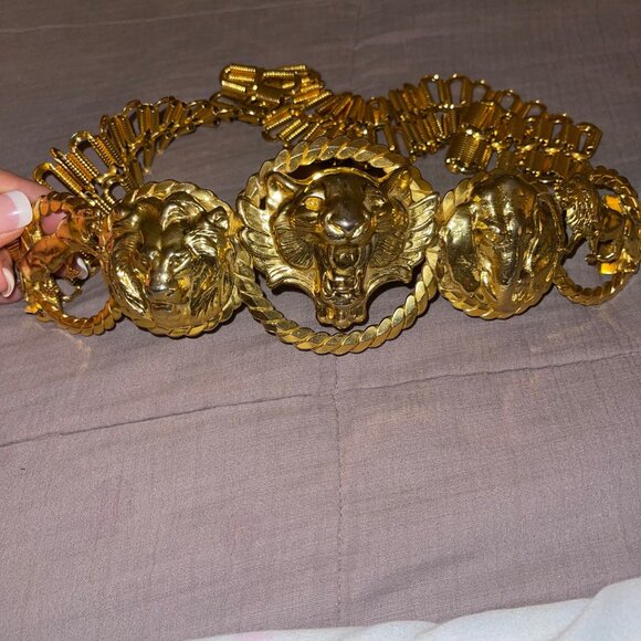 Vintage Womens Chain Belt One Size Metal Tiger Lion Elephant Head Waist Hip Rare - Picture 10 of 16